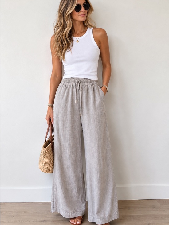 Quince Pants - Quince Viral Wide-Leg Drawstring Light Taupe size L 100% Linen